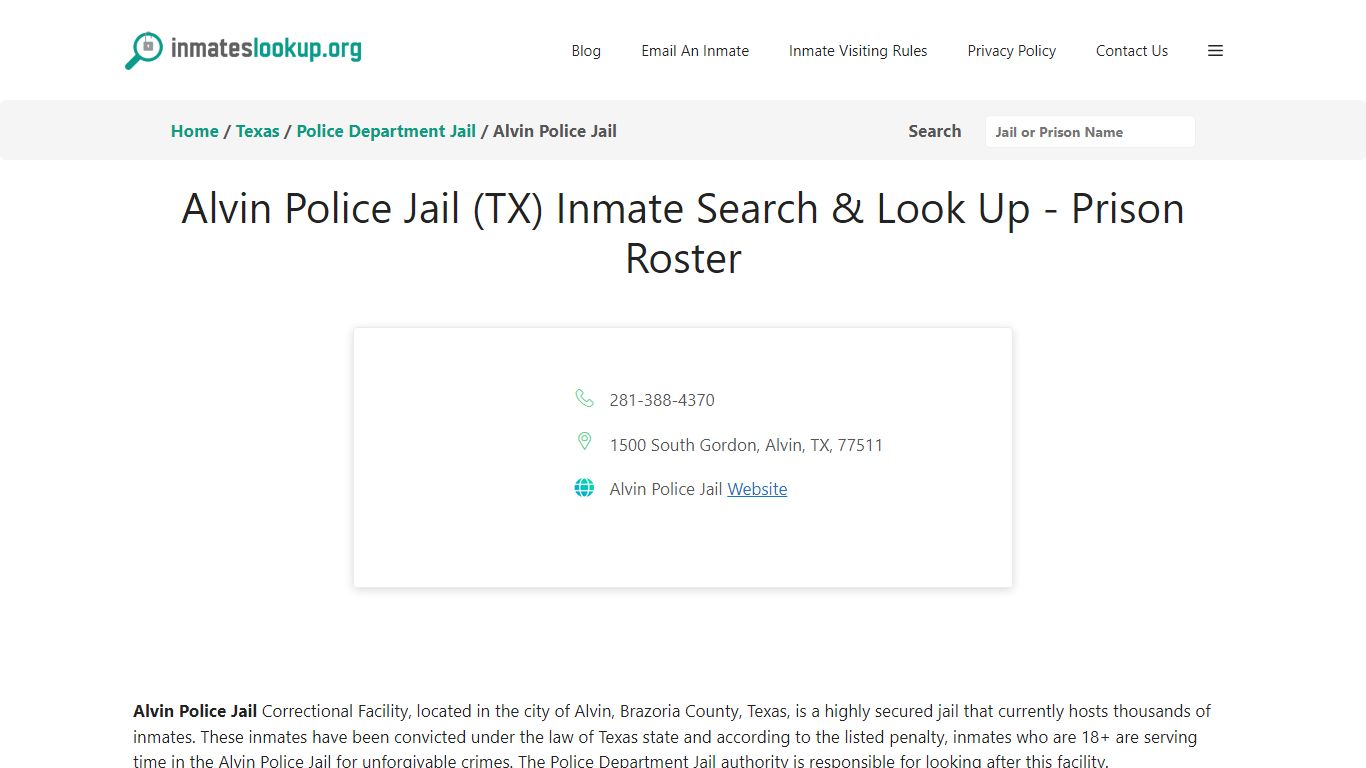 Alvin Police Jail (TX) Inmate Search & Look Up - Prison Roster